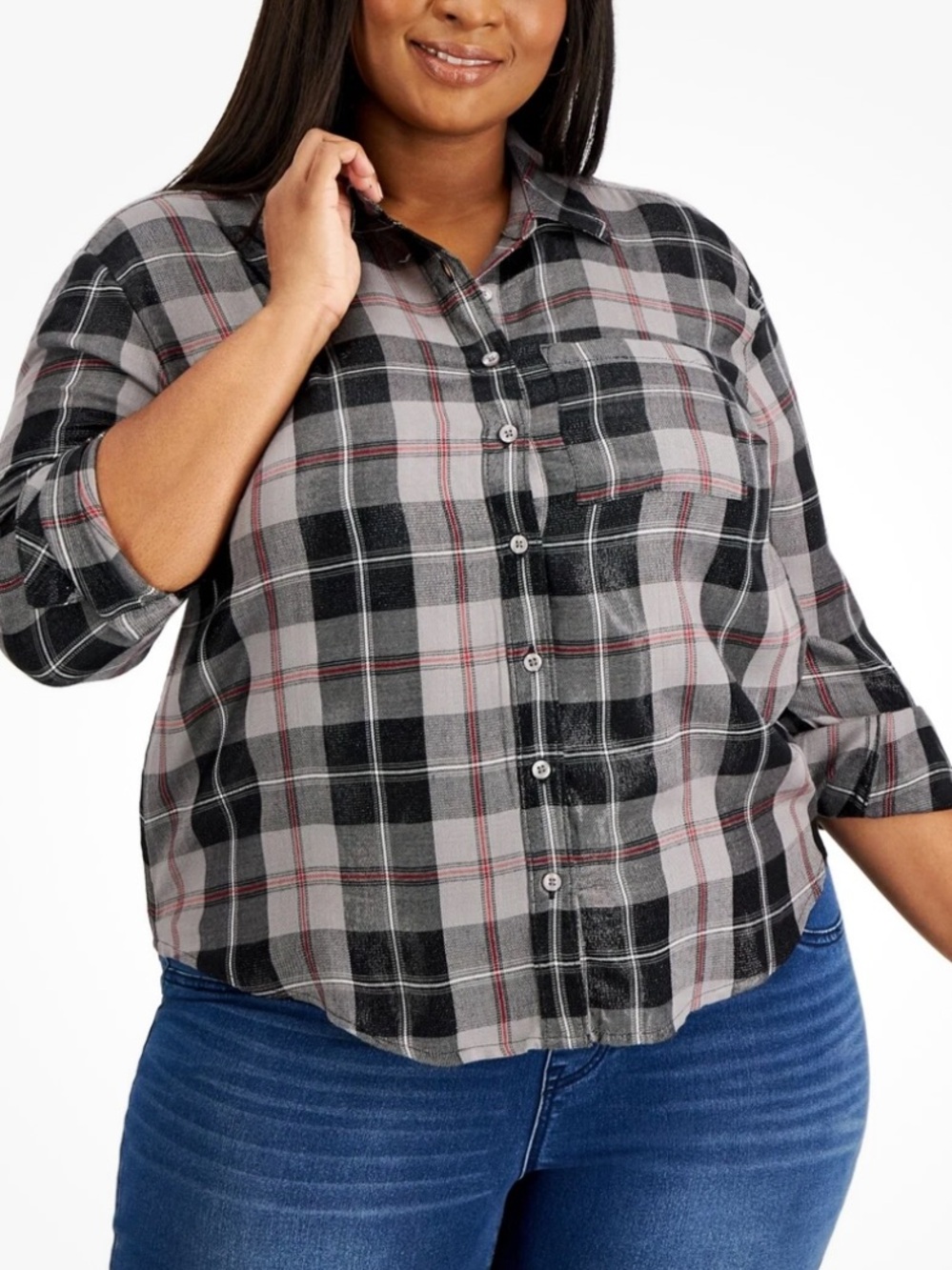 Style & Co Metallic Plaid Collared Button Up Boyfriend Sparkle Top Black Red Sil